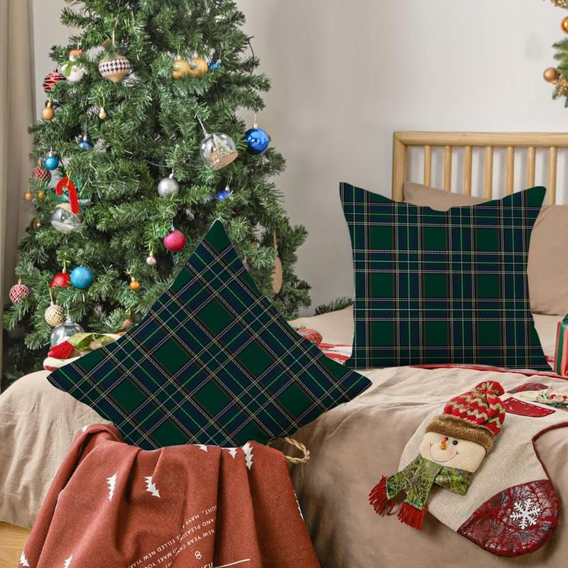RABUSOFA Christmas Pillow Covers 18x18 Inch Set of 2 Indoor Outdoor Waterproof Scottish Tartan Plaid Classic Throw Decorative Cushion Cases for Christmas Decor Decorations Couch Patio Dark Green - Image 2