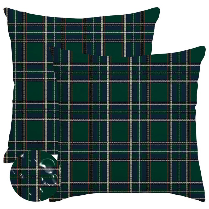 RABUSOFA Christmas Pillow Covers 18x18 Inch Set of 2 Indoor Outdoor Waterproof Scottish Tartan Plaid Classic Throw Decorative Cushion Cases for Christmas Decor Decorations Couch Patio Dark Green - Image 1
