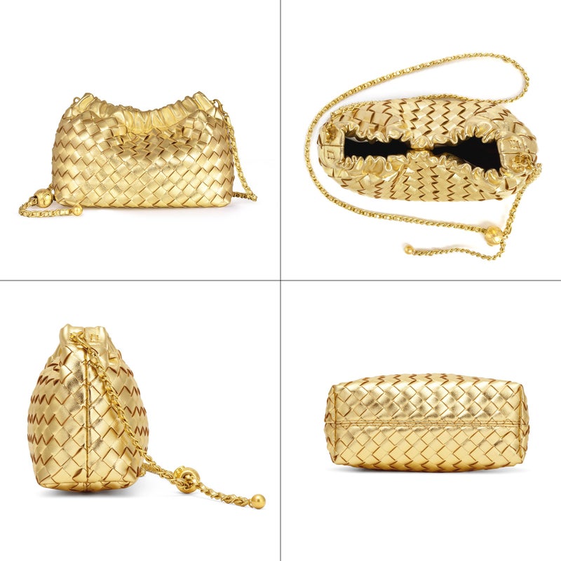 Joryin Woven Women's Crossbody Bag & Evening Purse, Trendy Dumpling Clutch & Hobo Cloud Shoulder Bag Trendy Dumpling Clutch Vegan Leather, Golden - Image 4