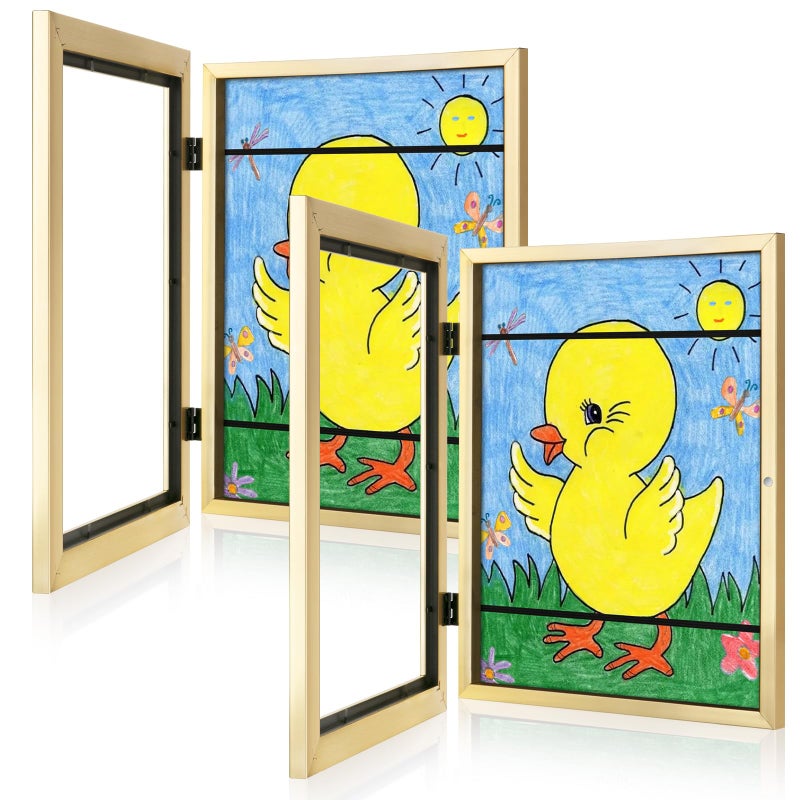 2Pack Kids Art Frames 9x12 Front Opening Kids Artwork Frames Changeable Gold Artwork Display Storage Frame for Wall Holds 50 Pcs for 3D Picture Crafts Children Drawing Hanging Art Portfolio