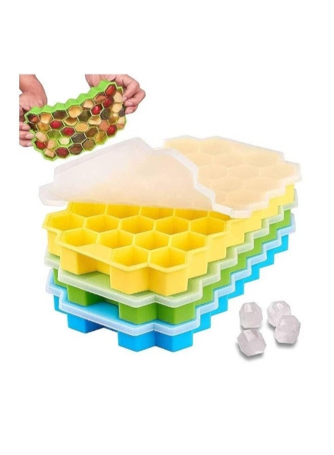 حزمة من 3 قوالب الثلج سيليكون قوالب مكعبات الثلج الممتازة صانع 37 تجويف علبة الثلج السيليكون لصواني مكعبات الثلج المجمدة مع غطاء (متعدد الألوان) - Image 1