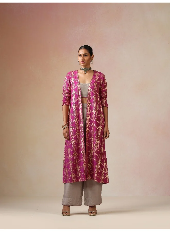 trueBrowns trueBrowns Grey and Pink Gold Foil Print Muslin Silk Jacket Set