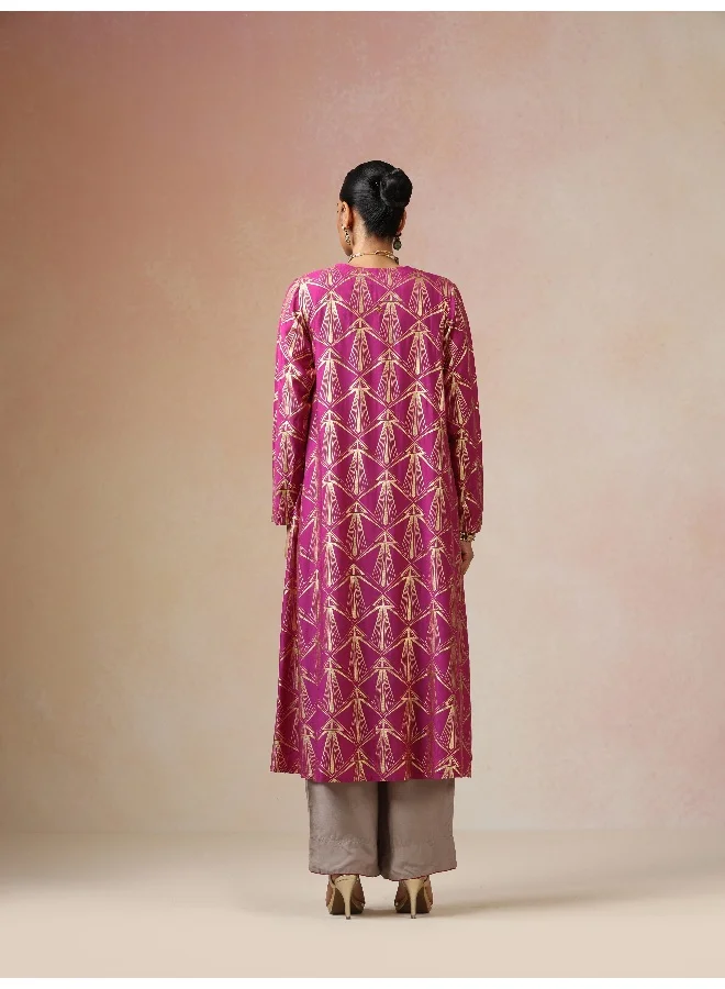 trueBrowns trueBrowns Grey and Pink Gold Foil Print Muslin Silk Jacket Set