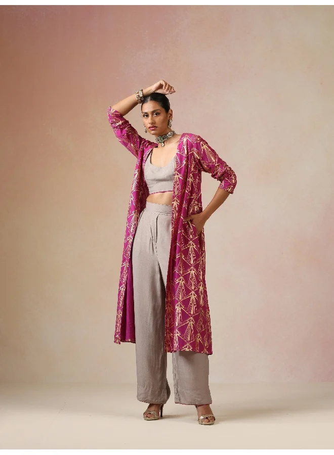 trueBrowns trueBrowns Grey and Pink Gold Foil Print Muslin Silk Jacket Set