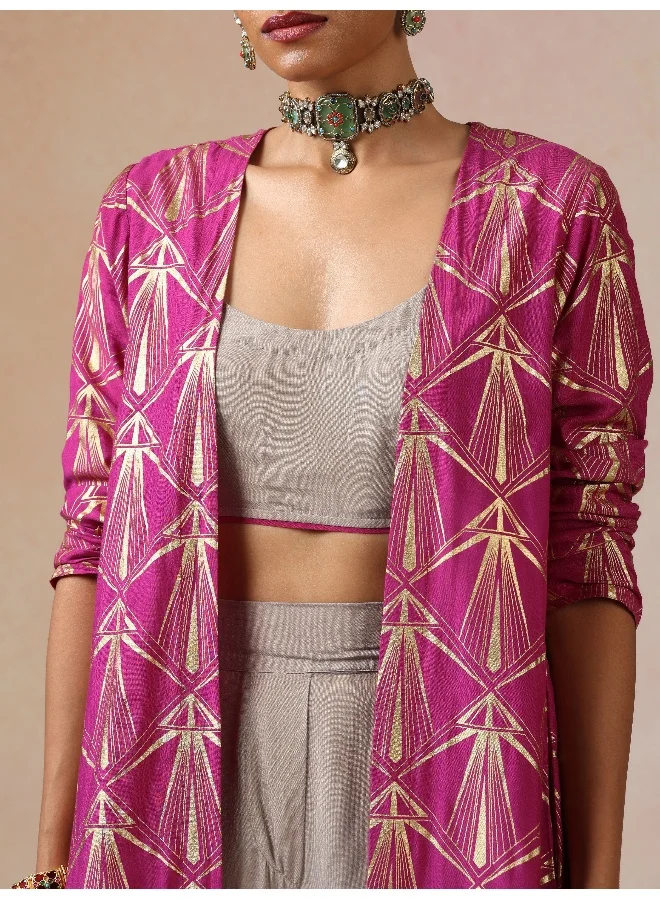 trueBrowns trueBrowns Grey and Pink Gold Foil Print Muslin Silk Jacket Set