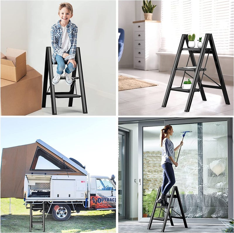 Sunrise 3 Steps Ladder Aluminum Folding Step, Stool with Anti-Slip Sturdy and Wide Pedal Light weight, Portable Multi-Use Stepladder for Home and Kitchen Use Space Saving (3 Steps, Black) - Image 5