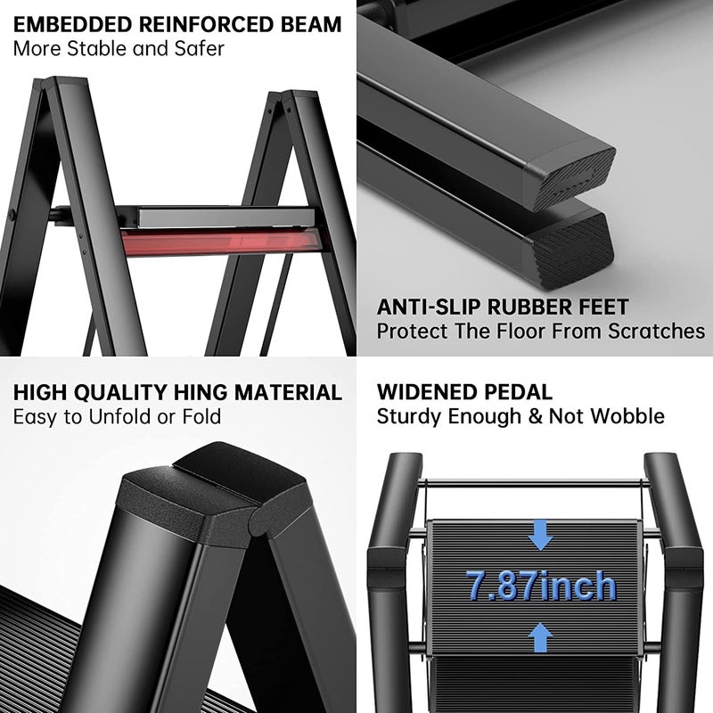 Sunrise 3 Steps Ladder Aluminum Folding Step, Stool with Anti-Slip Sturdy and Wide Pedal Light weight, Portable Multi-Use Stepladder for Home and Kitchen Use Space Saving (3 Steps, Black) - Image 4