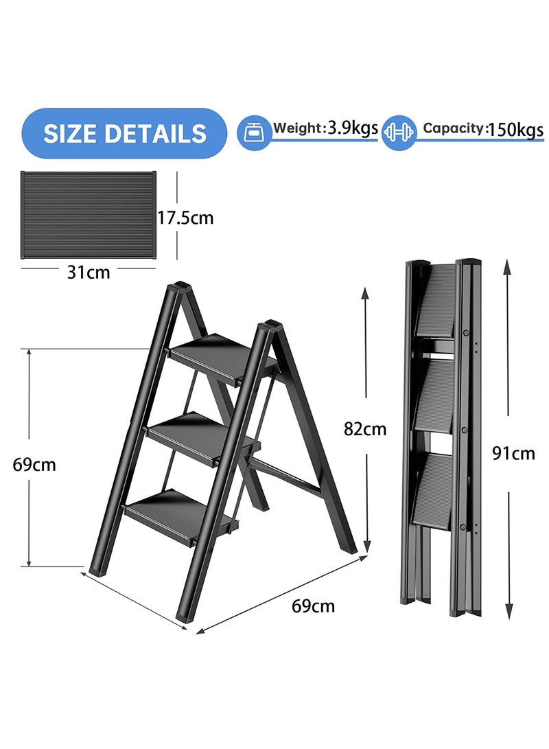 Sunrise 3 Steps Ladder Aluminum Folding Step, Stool with Anti-Slip Sturdy and Wide Pedal Light weight, Portable Multi-Use Stepladder for Home and Kitchen Use Space Saving (3 Steps, Black) - Image 2