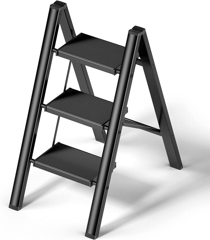 Sunrise 3 Steps Ladder Aluminum Folding Step, Stool with Anti-Slip Sturdy and Wide Pedal Light weight, Portable Multi-Use Stepladder for Home and Kitchen Use Space Saving (3 Steps, Black) - Image 1