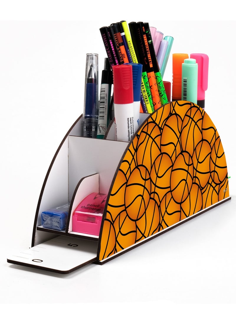 KutuTR Wooden Vip Sports Series Rainbow Ruler Desktop Pen Holder Organizer with Mounted Box  - Image 1