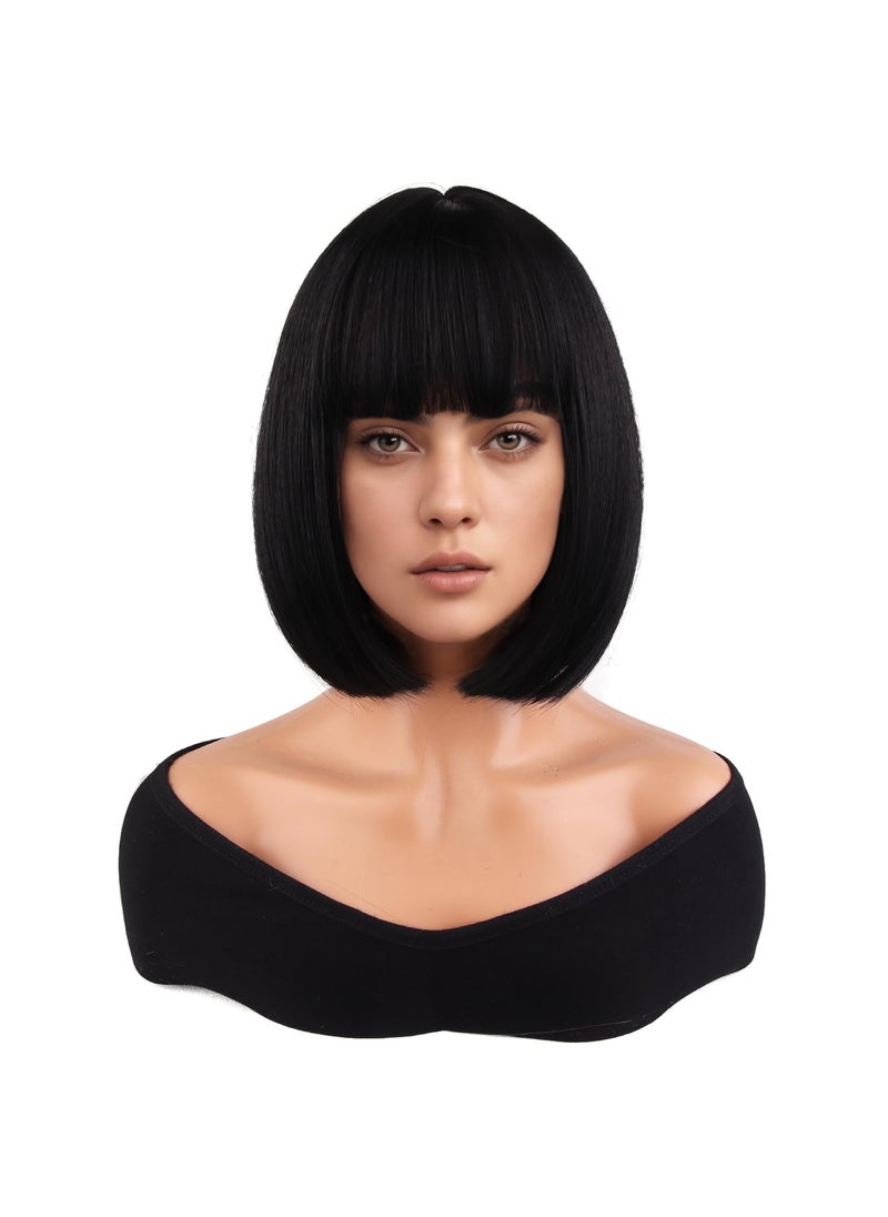 MAGQOO - MAGQOO Black Wig for Women Black Bob Wig with Bangs Short Straight Black Wigs Synthetic Cosplay Party Wig with Wig Cap - Image 1