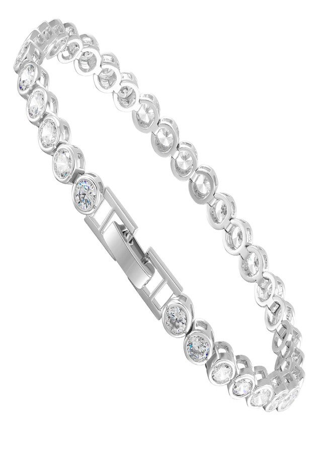 Kose 18K White Gold Plated Tennis Bracelet, Bezel Setting 4MM Cubic Zirconia Round Cut Bracelet for Women 6/6.5/7/7.5 Inches - Image 1