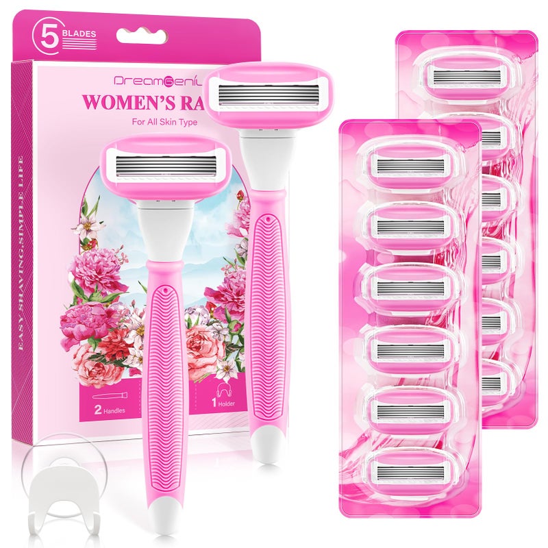 DreamGenius Razors for Women Include 2 NonSlip Handles and 14 Blade Refills with a Shower Holder 5 Premium Blades Womens Razors for Shaving with 360 Lubrication Reduces Irritation Pink