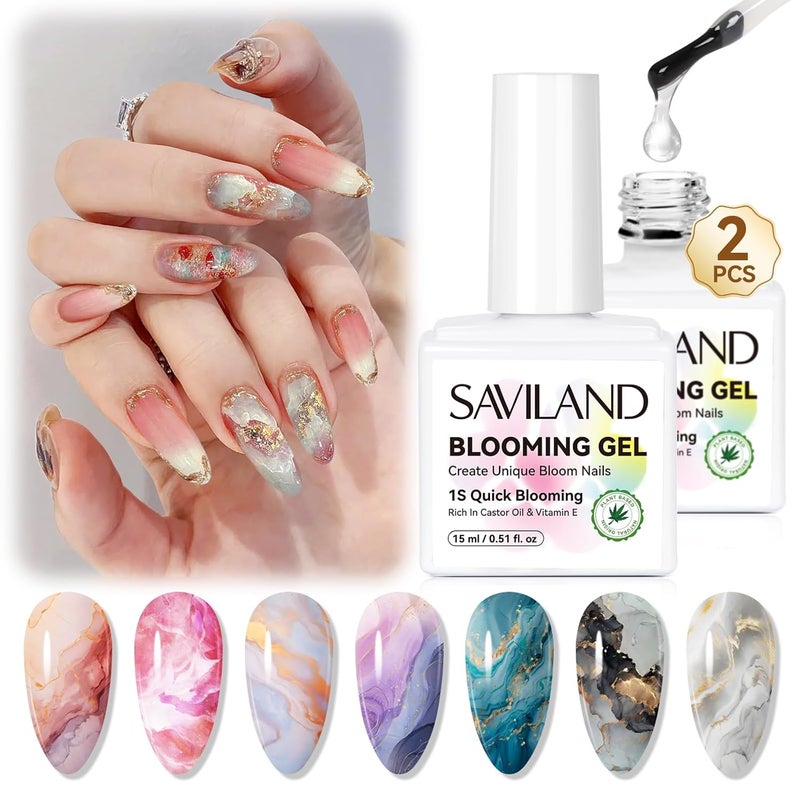 SAVILAND 30 ML Blooming Gel Nail Polish: 1-Second Quick Blooming Gel 2PCS Natural Castor Oil VE Marble Watercolor Gel Polish for Unique Bloom Nail Design Spreading Effect U V LED Manicure Salon Home