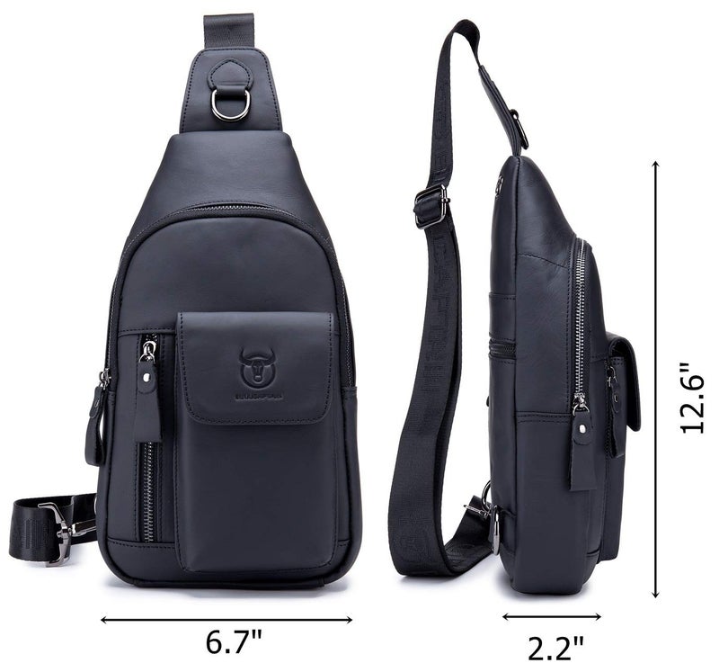 BULLCAPTAIN Genuine Leather Men Sling Bag Travel Crossbody Chest Bag Large Capacity Casual Hiking Daypack (Black) - Image 3