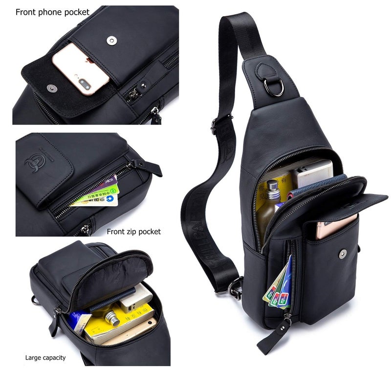 BULLCAPTAIN Genuine Leather Men Sling Bag Travel Crossbody Chest Bag Large Capacity Casual Hiking Daypack (Black) - Image 5