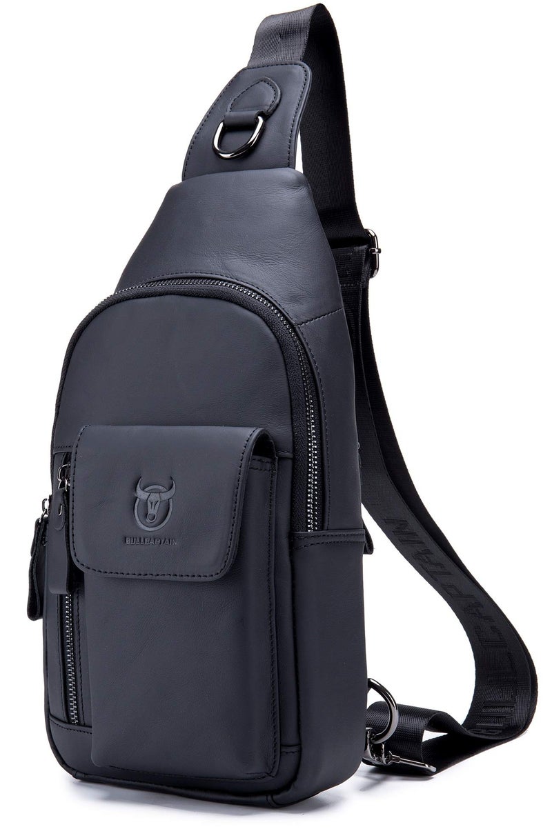 BULLCAPTAIN Genuine Leather Men Sling Bag Travel Crossbody Chest Bag Large Capacity Casual Hiking Daypack (Black) - Image 1