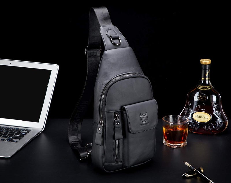 BULLCAPTAIN Genuine Leather Men Sling Bag Travel Crossbody Chest Bag Large Capacity Casual Hiking Daypack (Black) - Image 2