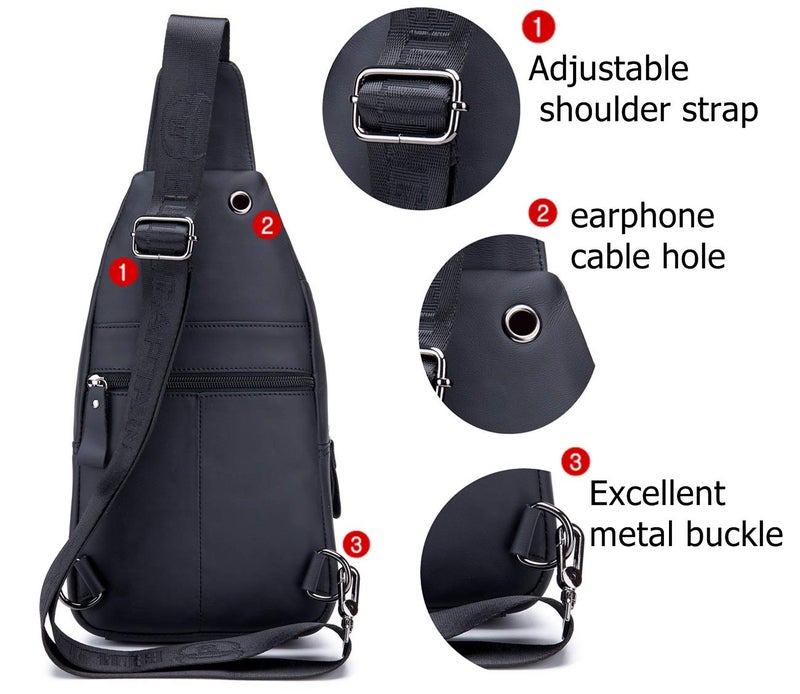 BULLCAPTAIN Genuine Leather Men Sling Bag Travel Crossbody Chest Bag Large Capacity Casual Hiking Daypack (Black) - Image 4