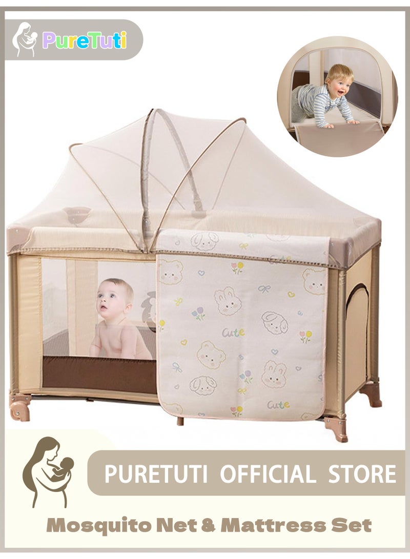 PureTuti Multifunctional Baby Bed, Foldable And Portable Infant Toddlers Bassinet Cot, Movable Baby Crib With Mattress And Mosquito Net (Khaki)Newborn must haves,Nursery - Image 1