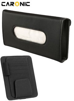CARONIC Car Sun Visor Tissue Box PU Leather Napkin Paper Cover Case With Car sun visor Sunglasses and card holder Black  - Image 1