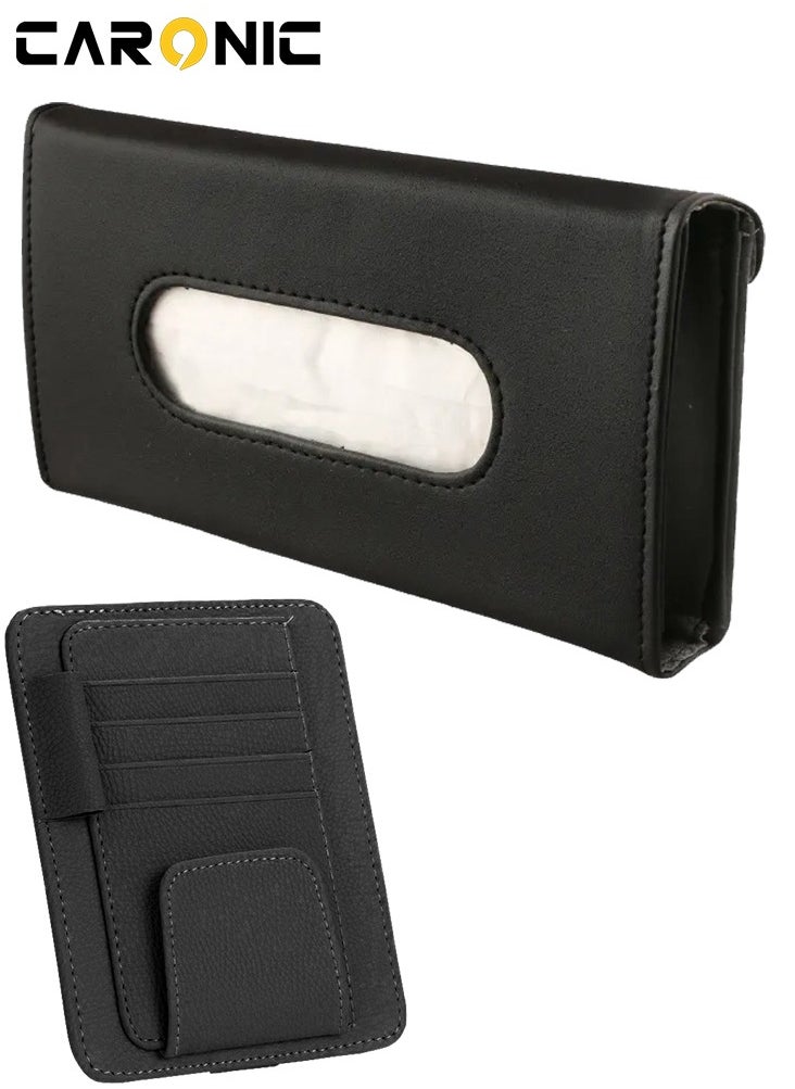 CARONIC Car Sun Visor Tissue Box PU Leather Napkin Paper Cover Case With Car sun visor Sunglasses and card holder Black  - Image 1