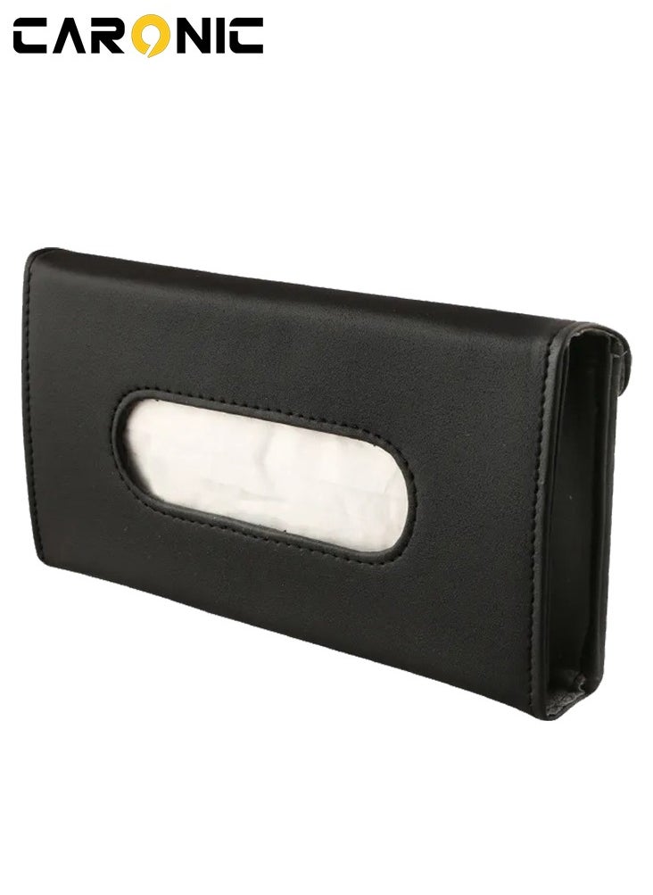 CARONIC Car Sun Visor Tissue Box PU Leather Napkin Paper Cover Case With Car sun visor Sunglasses and card holder Black  - Image 2