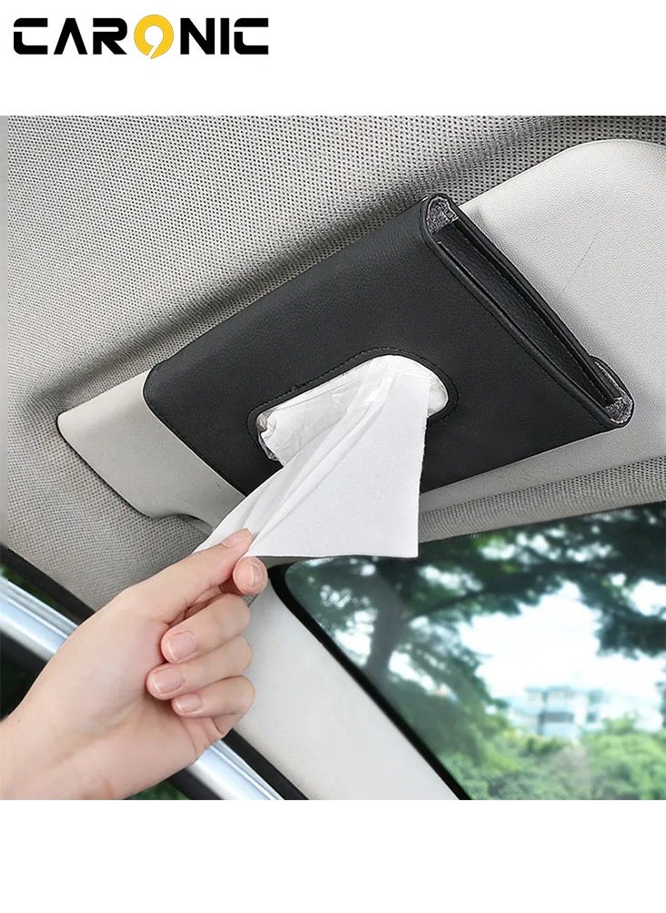CARONIC Car Sun Visor Tissue Box PU Leather Napkin Paper Cover Case With Car sun visor Sunglasses and card holder Black  - Image 4
