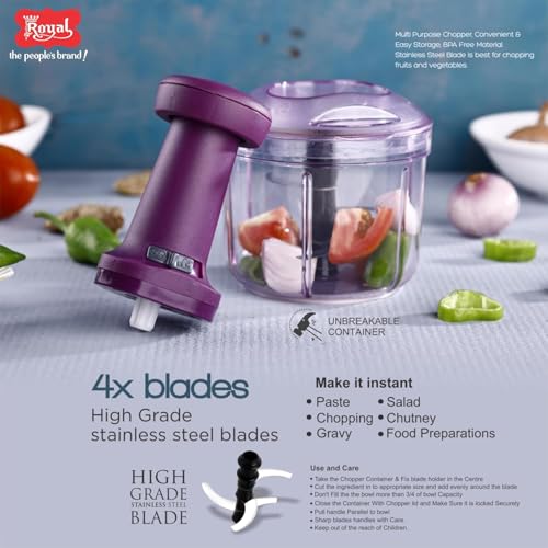 Royal Master Push Chopper 1000 ml - Fruits & Vegetables Chopper for Kitchen With 4X Stainless Steel Blades, Manual Easy Push & Chop, Premium Grade - Image 2