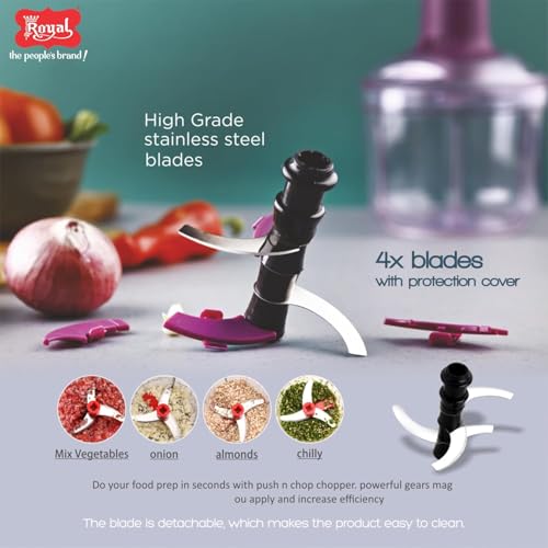 Royal Master Push Chopper 1000 ml - Fruits & Vegetables Chopper for Kitchen With 4X Stainless Steel Blades, Manual Easy Push & Chop, Premium Grade - Image 5
