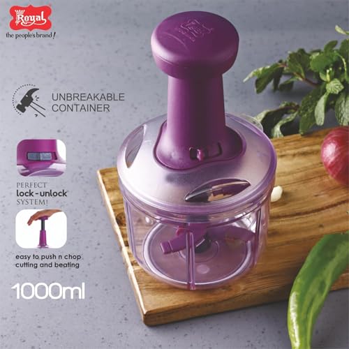 Royal Master Push Chopper 1000 ml - Fruits & Vegetables Chopper for Kitchen With 4X Stainless Steel Blades, Manual Easy Push & Chop, Premium Grade - Image 4