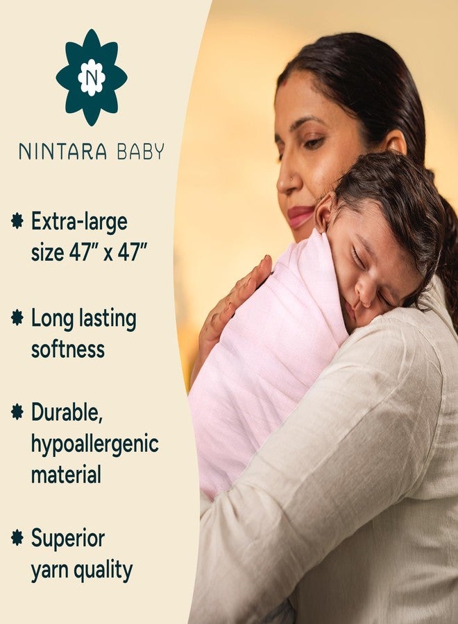 NINTARABABY Extra-Large Swaddles - 100% Organic Premium Muslin Cotton, 47"x 47"(119 cm x 119 cm), Ultra-Soft, Breathable, Lightweight, Multipurpose, Hypoallergenic, Gifts for Newborn Girls, Pack of 2 - Image 3
