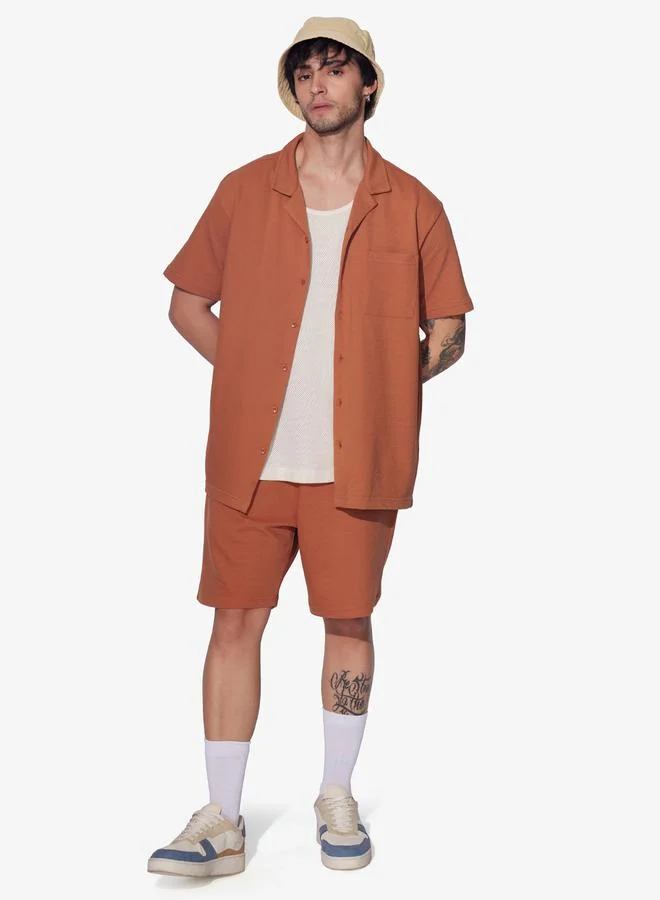 The Souled Store Men Orange Resort Collar Textured Shirt