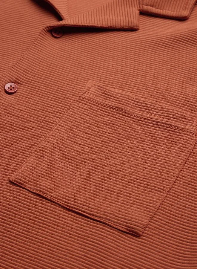 The Souled Store Men Orange Resort Collar Textured Shirt