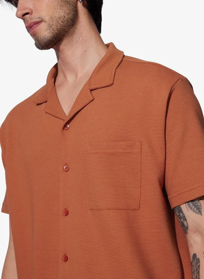 The Souled Store Men Orange Resort Collar Textured Shirt