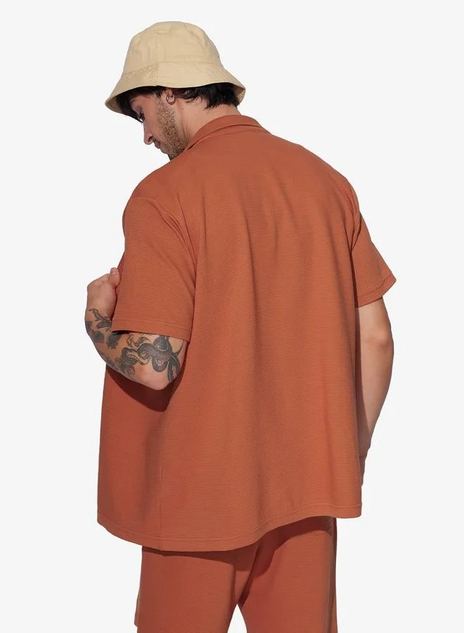 The Souled Store Men Orange Resort Collar Textured Shirt