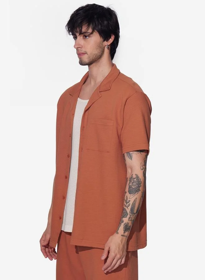 The Souled Store Men Orange Resort Collar Textured Shirt