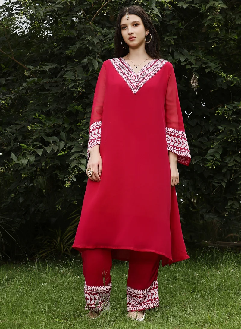 QISSA Qissa Women's Scarlet Red Indie Leaf-Lined Imprint Kurta Set For Ethnic Wear | V-Neck, Long Flared Sleeves | Floral Placement Print Plain Fabric | 2 Piece Kurta Set Designed For Casual & Evening Wear