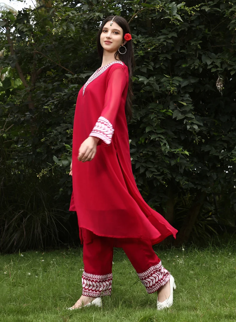 QISSA  Qissa Women's Scarlet Red Indie Leaf-Lined Imprint Kurta Set For Ethnic Wear | V-Neck, Long Flared Sleeves | Floral Placement Print Plain Fabric | 2 Piece Kurta Set Designed For Casual & Evening Wear for Women | Best Price UAE
