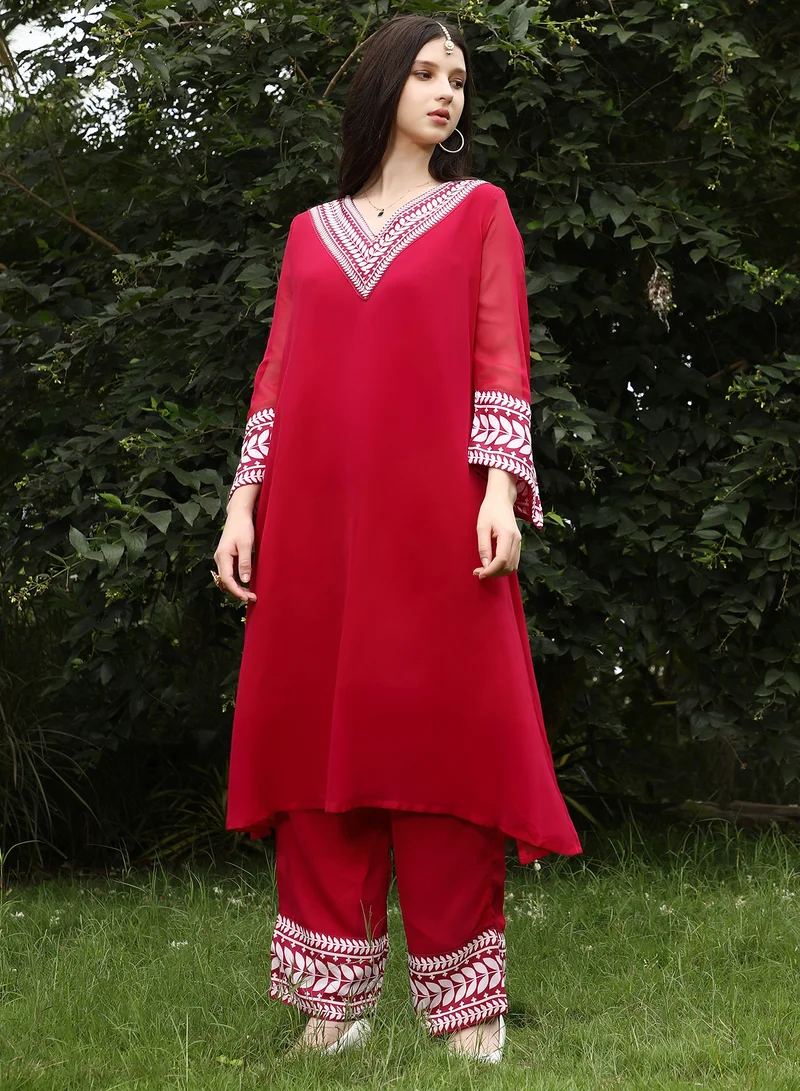 QISSA Qissa Women's Scarlet Red Indie Leaf-Lined Imprint Kurta Set For Ethnic Wear | V-Neck, Long Flared Sleeves | Floral Placement Print Plain Fabric | 2 Piece Kurta Set Designed For Casual & Evening Wear