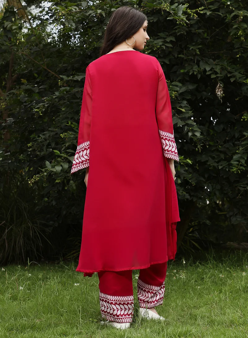 QISSA  Qissa Women's Scarlet Red Indie Leaf-Lined Imprint Kurta Set For Ethnic Wear | V-Neck, Long Flared Sleeves | Floral Placement Print Plain Fabric | 2 Piece Kurta Set Designed For Casual & Evening Wear for Women | Best Price UAE