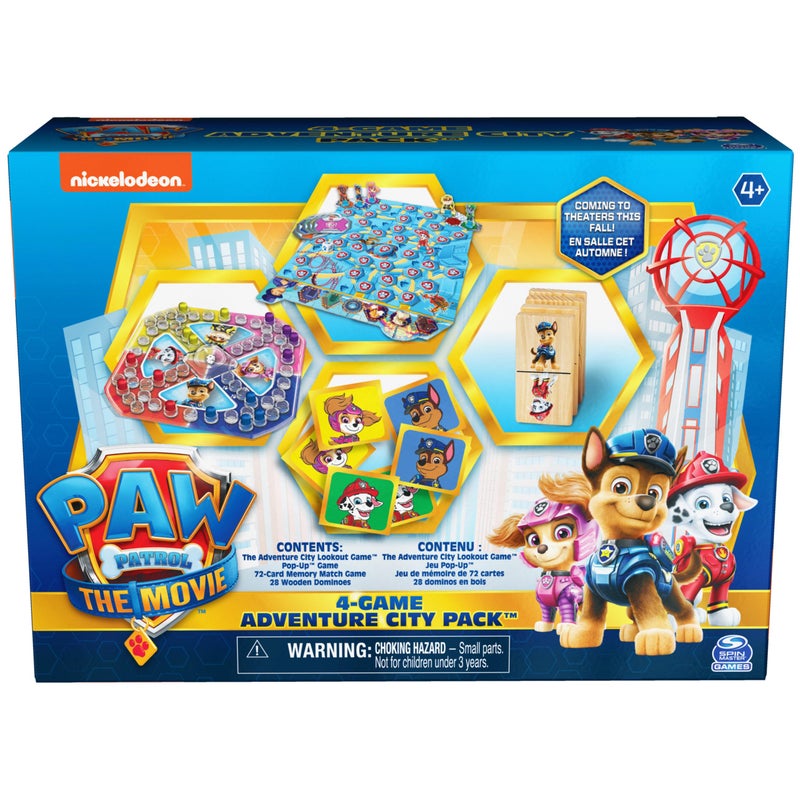 Spin Master Games PAW Patrol: The Movie, 4-Game Adventure City Pack Memory Match, Pop-Up, Wooden Dominoes, & Lookout Games, PAW Patrol Toys for Kids Ages 4 and up - Image 1
