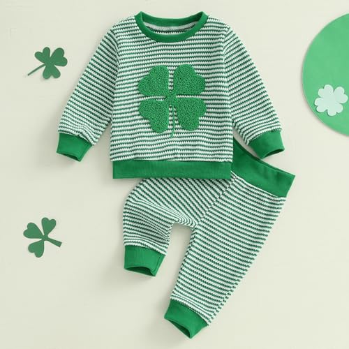 DNOMAID YZARC Toddler Baby Boy St Patricks Day Outfit Clover Embroidery Stripe Sweatshirt Top Long Pants Set 2 Piece Clothes Green 1824 Months - Image 3