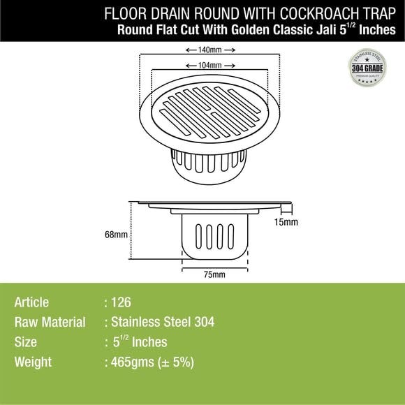 LIPKA Golden Classic Jali Round Flat Cut Floor Drain |304-Grade Stainless Steel |5.5 Inches| with Cockroach Trap| - Image 2