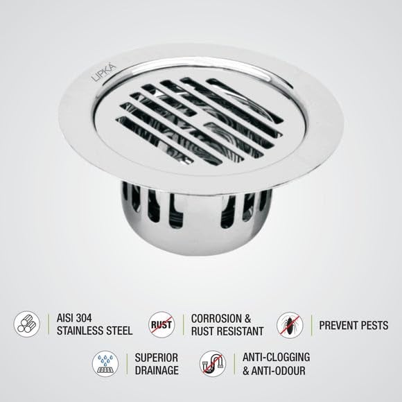 LIPKA Golden Classic Jali Round Flat Cut Floor Drain |304-Grade Stainless Steel |5.5 Inches| with Cockroach Trap| - Image 3