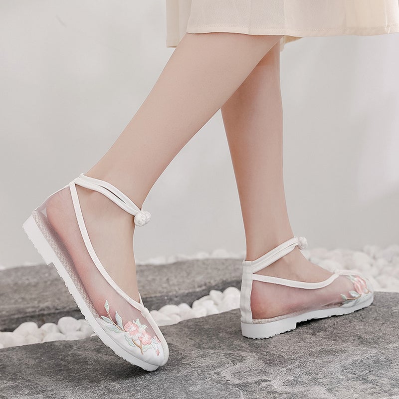 2 Pairs Women Fabric Shoes Mesh Shoes Asakuchi Nationality Style Vintage Embroidery Shoes for Ladies (White Size 39) - Image 3
