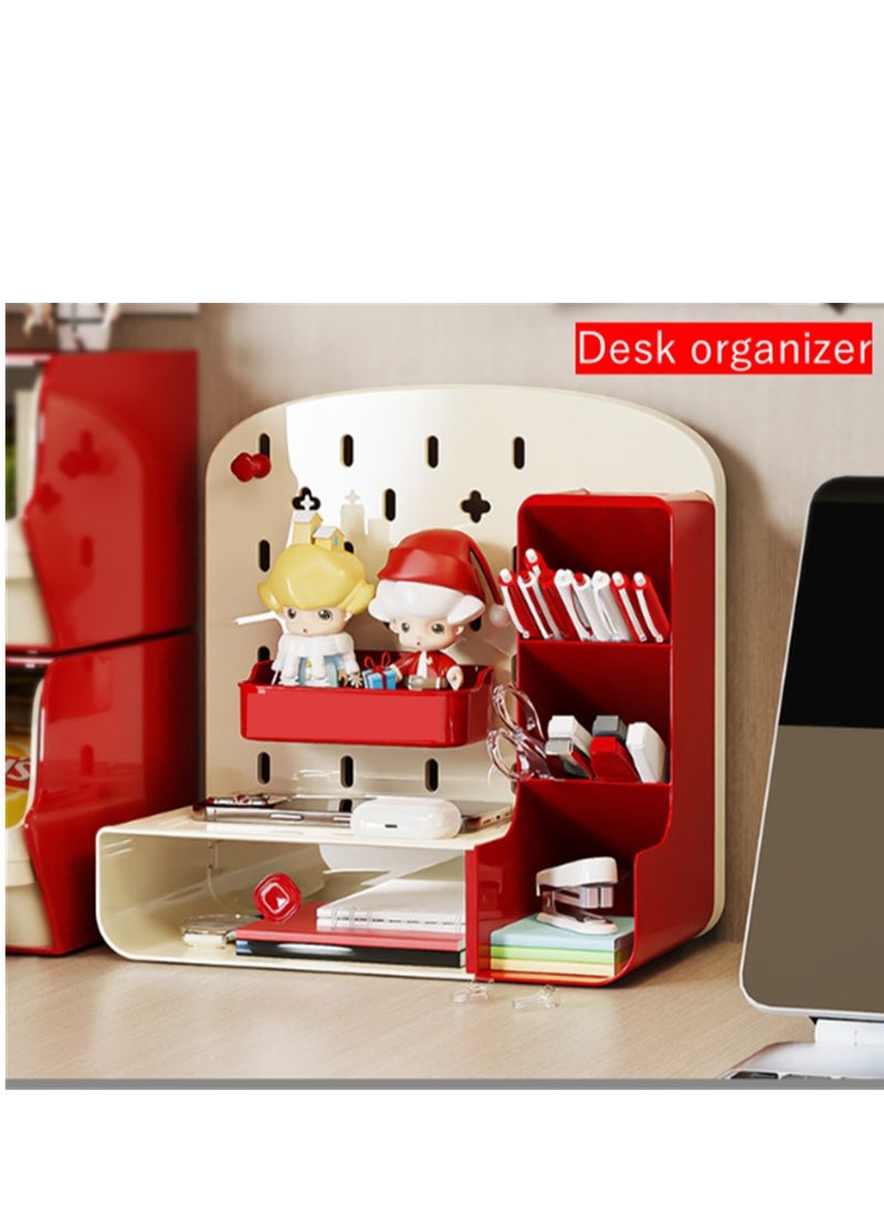 Generic Desk Organizer, Multifunctional Desktop Office Supplies Holder Desk Drawer Box, Plastic Mini Storage Rack Pen Holder Office Decor with 3 Compartments for Home Office Table Class Desk, Red  - Image 1