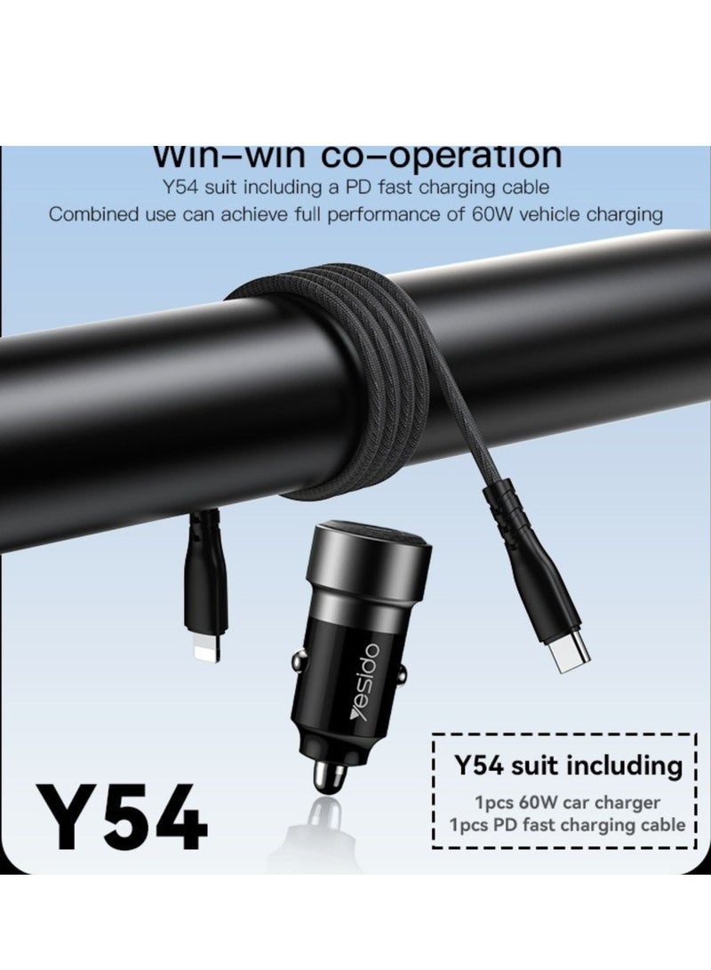 Yesido Y54 60W Fast Charging Car Charger – Dual-Port Adapter with Type-C to Lightning Cable – High-Speed Car Cigarette Lighter USB Charger for iPhone, iPad & Other Devices - Image 5