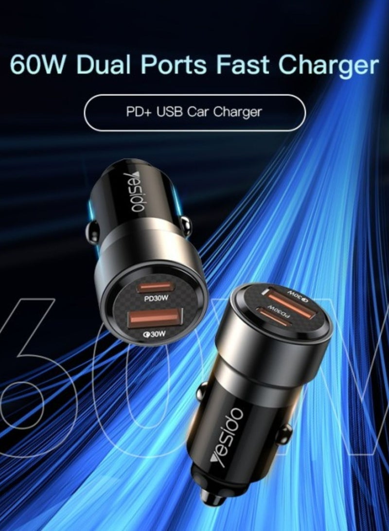 Yesido Y54 60W Fast Charging Car Charger – Dual-Port Adapter with Type-C to Lightning Cable – High-Speed Car Cigarette Lighter USB Charger for iPhone, iPad & Other Devices - Image 3