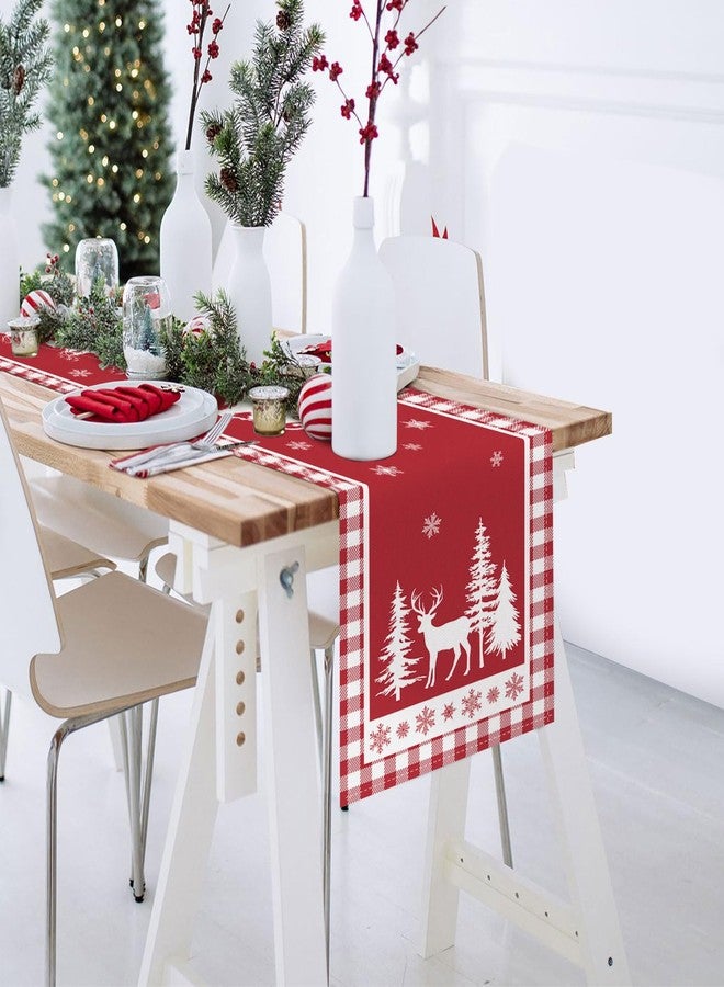 Bonhause Christmas Deer Pine Tree Table Runner 13x72 Inch Red White Buffalo Plaid Seasonal Winter Holiday Kitchen Dining Table Decoration for Indoor Outdoor Home Party Decor - Image 5